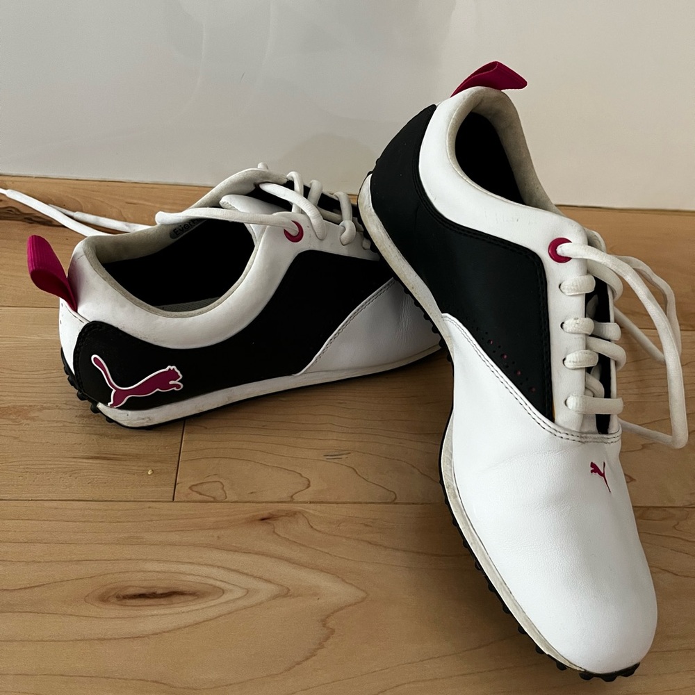 Puma White and Black Golf Sneakers with Pink Accents